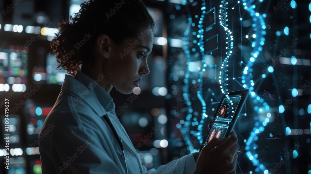 Poster a scientist analyzes data on a tablet amidst a high-tech environment.