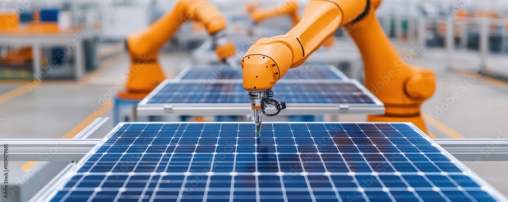 Aufkleber automated robotic arm assembling solar panels in a factory.