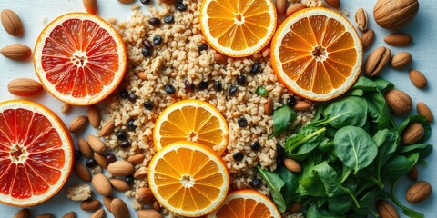 A vibrant mix of citrus, grain, and greens, featuring juicy orange slices, nutty quinoa, and fresh spinach leaves.