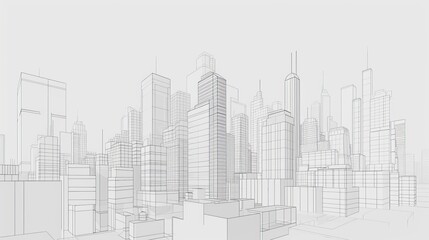 Fototapeta premium A minimalistic wireframe illustration of a futuristic urban environment featuring clean geometric designs and towering buildings. AI generated.