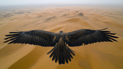 Naklejka premium Aerial view of falcon gliding over vast desert landscape.
