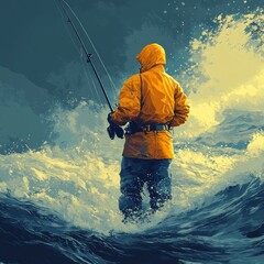 A fisherman stands in turbulent waves, casting a line against a dramatic ocean backdrop.