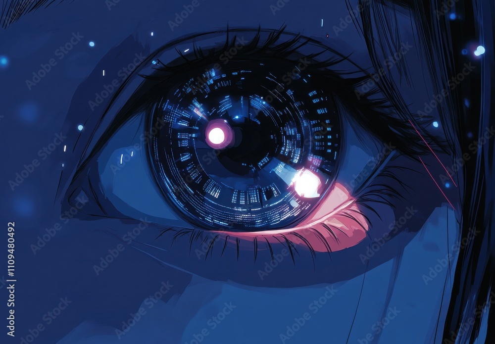 Poster close-up view of an eye with futuristic digital elements and bright colors representing advanced tec