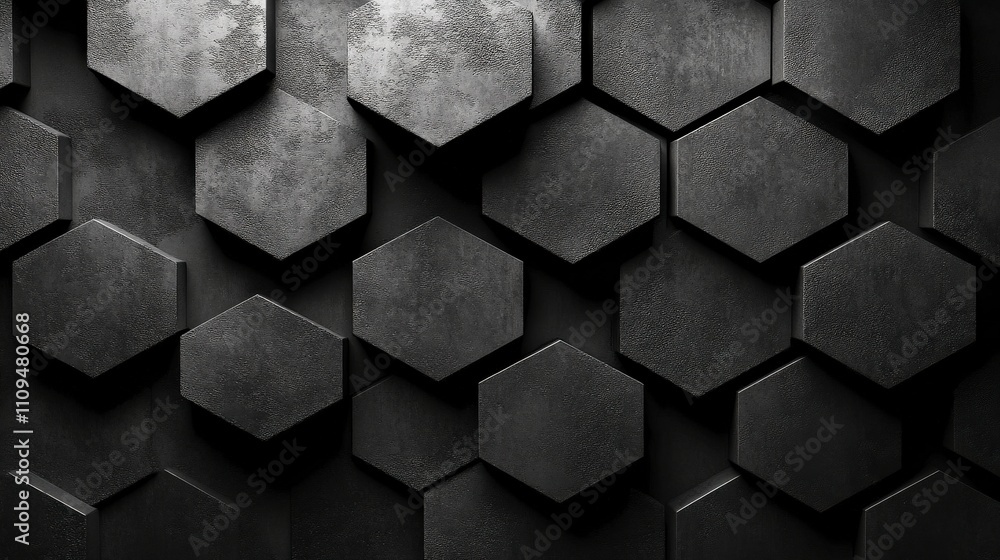 Poster abstract geometric pattern of hexagonal tiles in various shades of black and gray, creating a modern