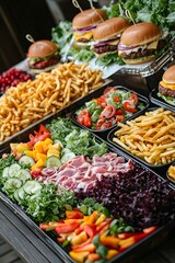 A beautiful catering table showcasing vibrant salads, fruits, and lean meats next to a fast food corner with burgers and fries.