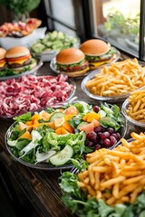 A beautiful catering table showcasing vibrant salads, fruits, and lean meats next to a fast food corner with burgers and fries.