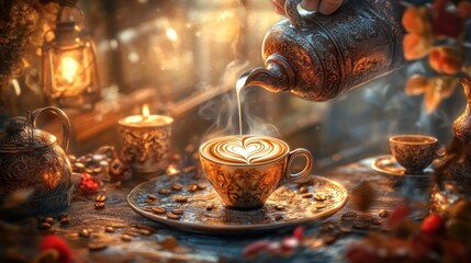 A beautifully crafted coffee cup with latte art, surrounded by candles and coffee beans.