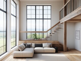 Fototapeta premium Modern and Spacious Living Room with Large Windows and Natural Light Highlighting Minimalist Design and Elegant Interior Decor Features