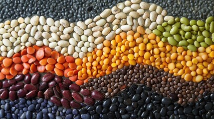Various types of beans are intricately arranged to form an artistic representation of a colorful landscape showcasing their natural beauty