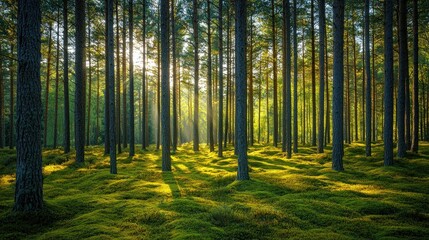 Obraz premium A tranquil forest scene with tall trees, sunlight filtering through the canopy, and lush green moss covering the ground.
