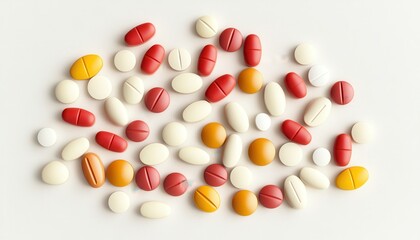 Colorful Assortment of Various Pills and Tablets Spread Out on a Light Background, Showing Different Shapes and Colors for Healthcare and Medical Themes