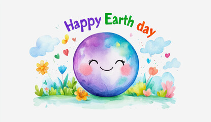 Naklejka premium Celebrate Earth Day with joyful watercolor illustration of planet and flowers. Generative AI