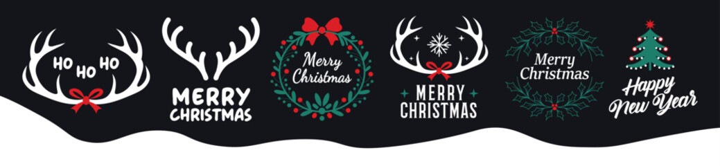 Merry Christmas, Happy New Year vector logo, emblems, text design