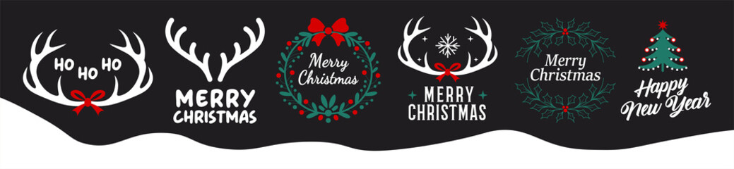 Merry Christmas, Happy New Year vector logo, emblems, text design