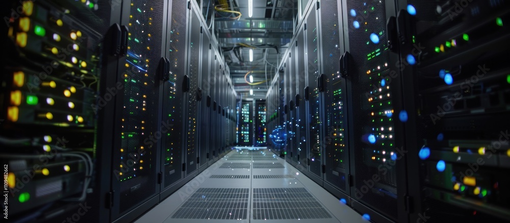 Poster data center server room aisle with illuminated racks and network cables.