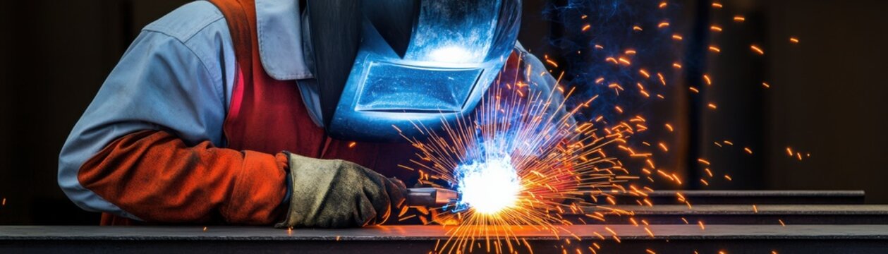 A skilled welder engaged in metal fabrication and welding sparks.