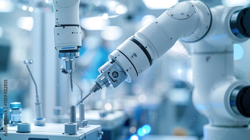 Aufkleber two robotic arms performing precise assembly tasks in a cleanroom setting.