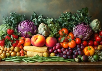 Colorful Display of Fresh Seasonal Fruits and Vegetables Including Artichokes, Tomatoes, Peaches, Strawberries, Corn, and Green Beans on a Wooden Surface