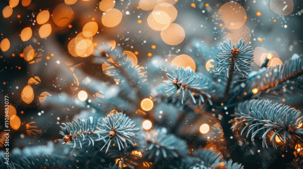 Poster close-up of a snow-dusted christmas tree branch with warm bokeh lights.