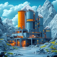 Obraz premium A futuristic industrial facility amid mountainous terrain, showcasing advanced technology.