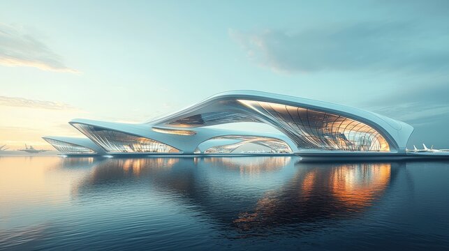 A modern architectural structure reflects on calm waters, showcasing sleek curves and innovative design against a serene sky.
