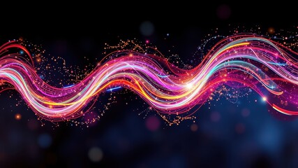 Obraz premium A wave of colorful light streams through the darkness, illuminated by twinkling specks of gold