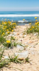 Obraz premium Beach Path with plastic rubbish Leading to the Ocean 