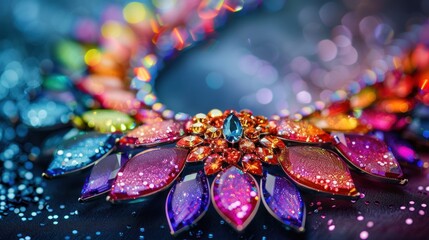 Colorful gemstone necklace on dark background.