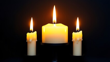 Three yellow candles in the dark background