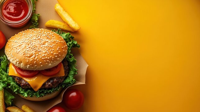 Delicious fast food delivery menu background featuring a burger with fries and fresh vegetables on a bright yellow surface