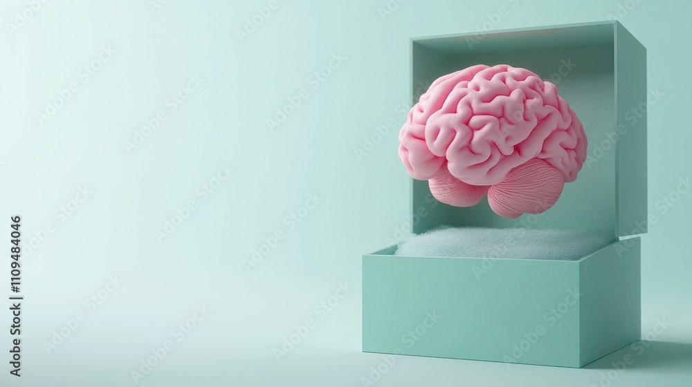 Poster conceptual representation of creativity and imagination with a pink brain floating above a light blu