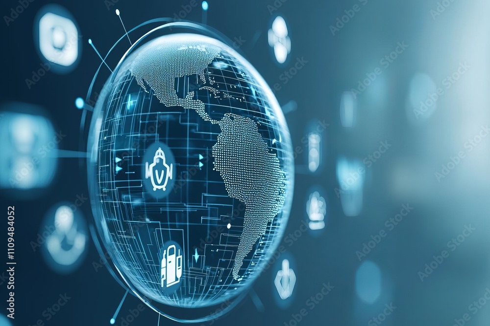 Poster futuristic digital globe with icons representing global connectivity and technology.
