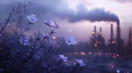 Dusk over an oil refinery with blooming flowers in the foreground