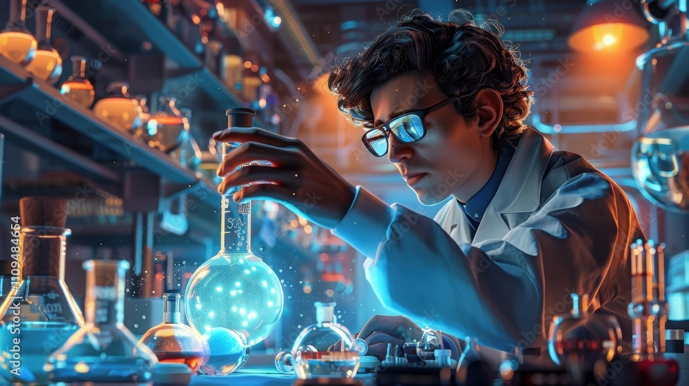 Poster a scientist conducts an experiment in a laboratory filled with glassware.