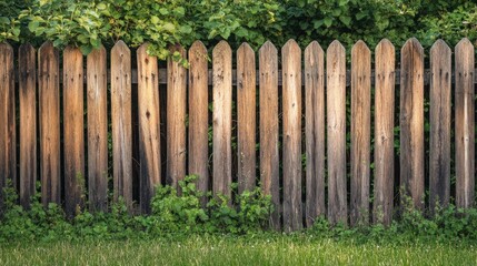 Fototapeta premium Rustic Wooden Fence Embracing a Lush Garden, showcasing the harmony of natural materials with vibrant plant life in an inviting outdoor space