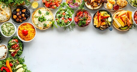 Fototapeta premium A beautifully arranged catering display with colorful meals and space for text about the event.