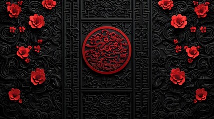 Elegant Red Black Asian Floral Carving Design Intricate Texture Background