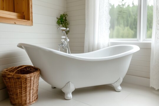 vintage bathroom decor, a vintage bathroom theme featuring a stand-alone porcelain bathtub, surrounded by charming wicker baskets and delicate lace curtains