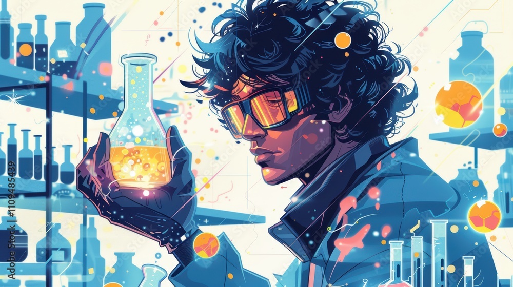 Aufkleber a scientist examines a glowing flask in a colorful laboratory setting.