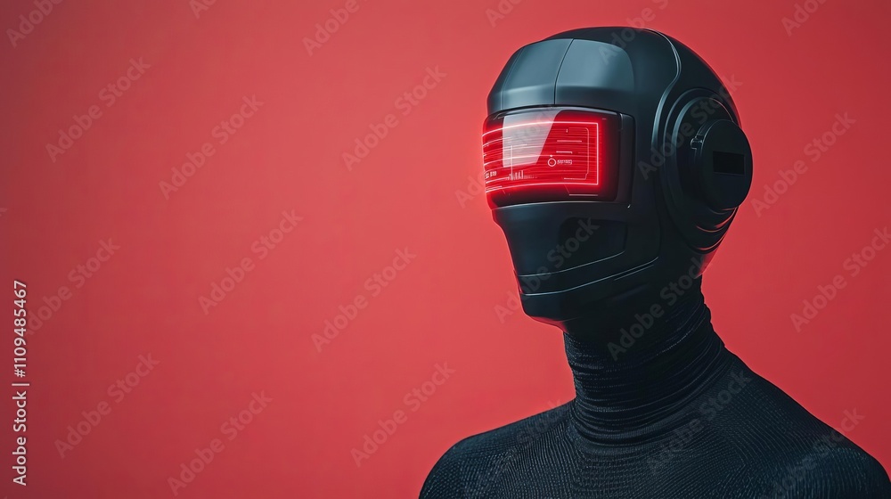 Poster futuristic robot with a sleek design and glowing red visor against a bold background.
