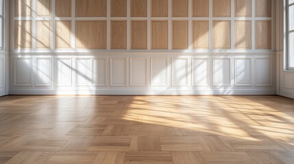 Obraz premium A large room with a white wall and wooden paneling