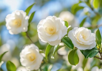 Obraz premium Delicate White Camellia Flowers Blossoming Amidst Green Leaves with Soft Blue Background Capturing the Beauty of Spring and Nature's Serenity