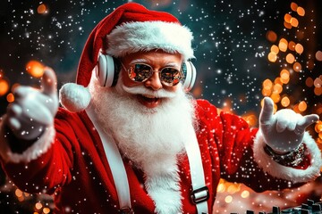 Christmas party celebration funky crazy santa claus dj in white headset sing song sound melody listen music dance