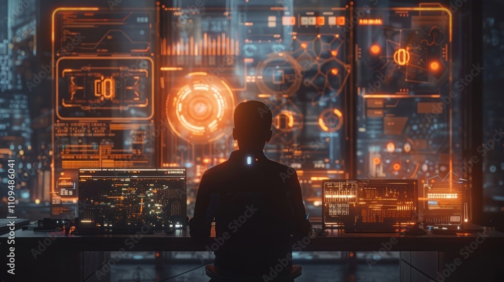 Aufkleber man monitoring futuristic technology interface.