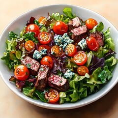 A white bowl filled with a salad of lettuce, tomatoes, and blue cheese