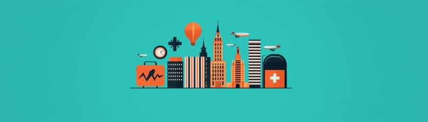 Fototapeta premium Colorful city skyline illustration with modern buildings and iconic structures.