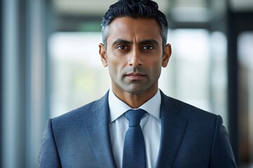 Fototapeta premium South Asian man, wearing tailored suit, standing confidently in office, medium close-up, sharp features, focused, professional expression, corporate setting 4