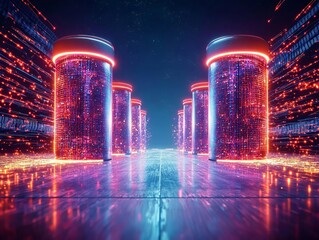 Futuristic digital landscape with glowing data cylinders and vibrant neon lights.