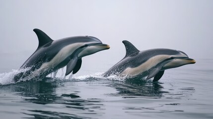 Fototapeta premium Two dolphins leap, ocean spray, misty sky.