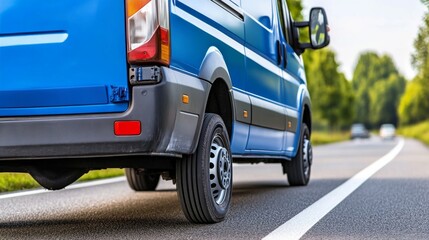 Blue delivery van parked on a rural road surrounded by trees on a sunny day